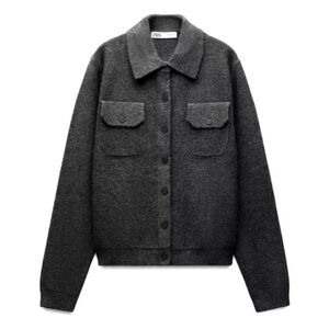NWOT! Zara Grey Basic Polo Collar Wool Knit Button Down Cardigan Sweater Jacket